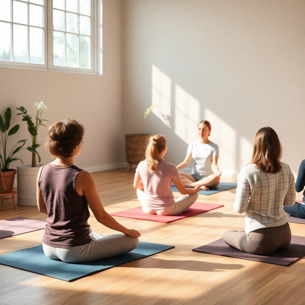 mindfulness meditation group therapy session, peaceful indoor setting, soft lighting